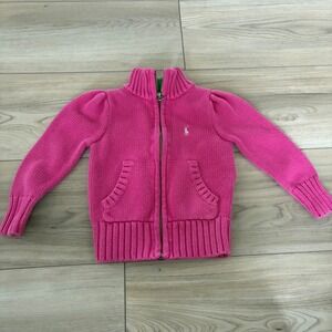 Ralph Lauren Kids Pink Zip Up Sweater Polo Pony Green Collar 2T